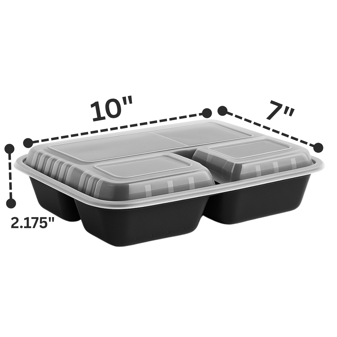 10"x7" 3 Compartment Black Microwavable Container (126 pcs)