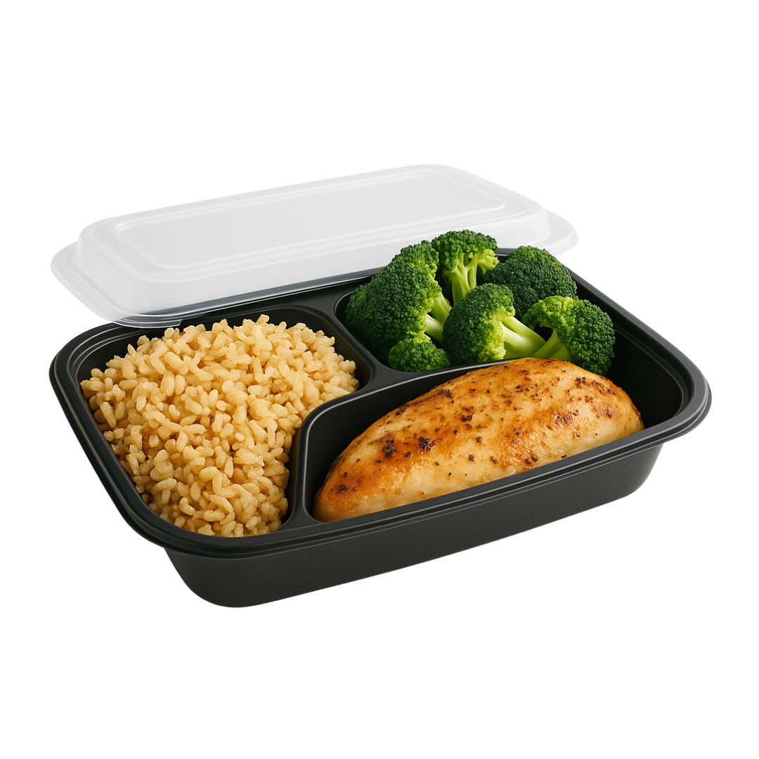 10"x7" 3 Compartment Black Microwavable Container (126 pcs)