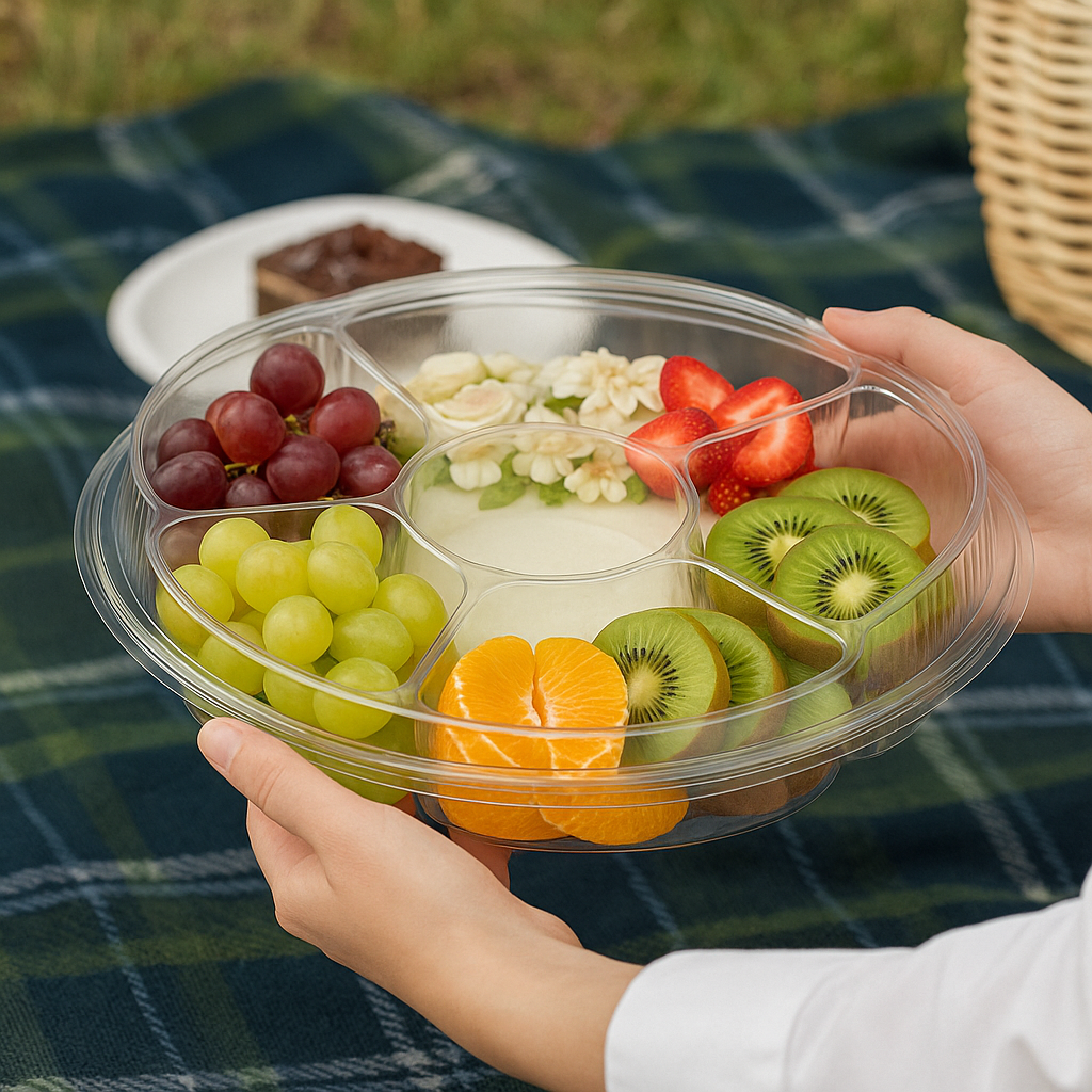 5-Compartment 48oz Round PET Platter with Lid (100pcs)