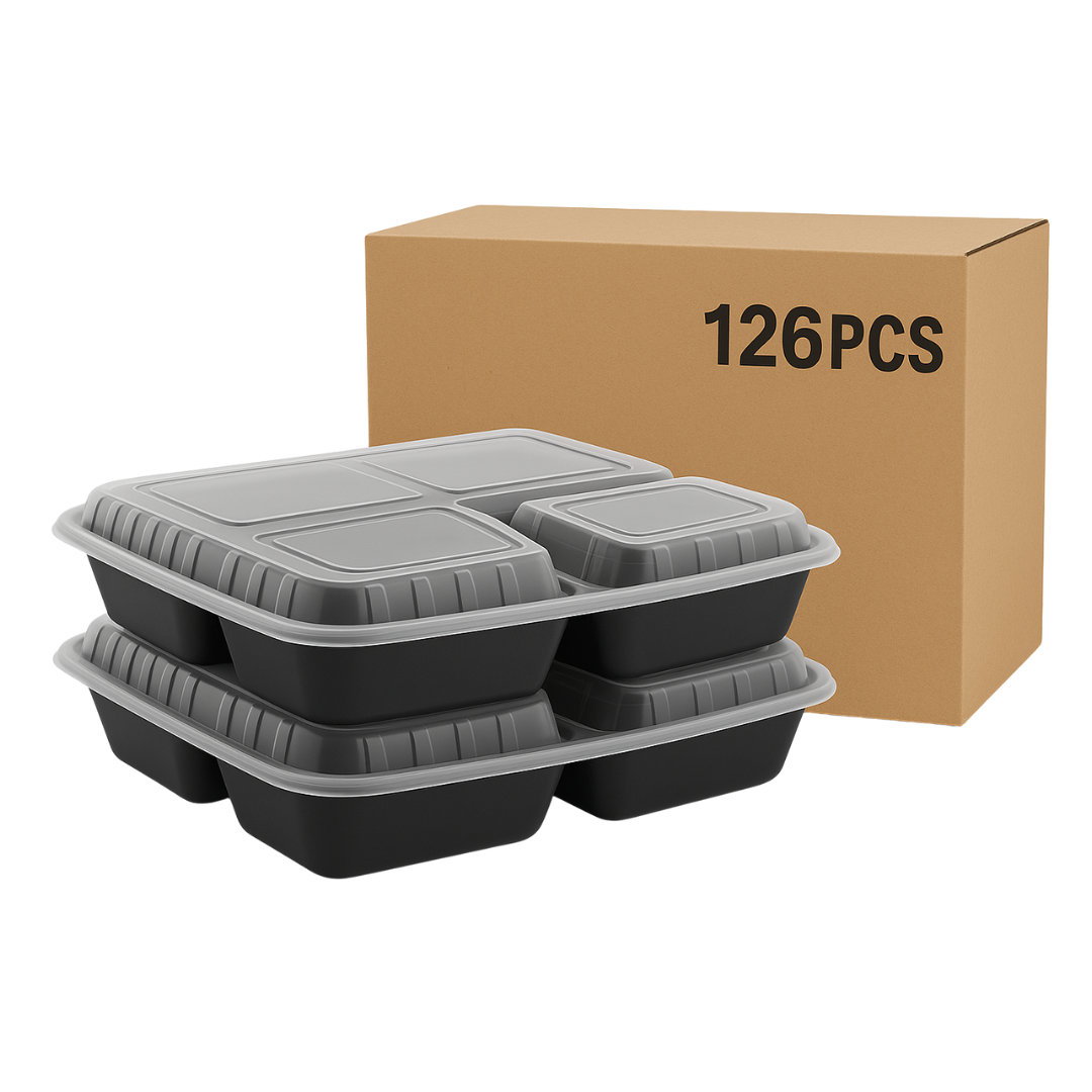 Black 3 Compartment Microwavable Container with Lid (126pcs)