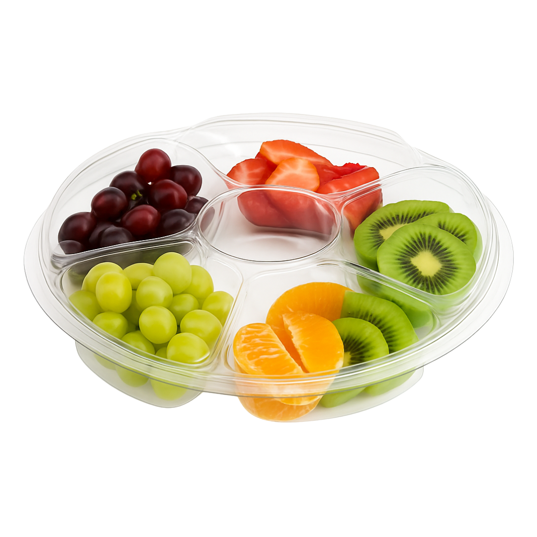 5-Compartment 48oz Round PET Platter with Lid (100pcs)