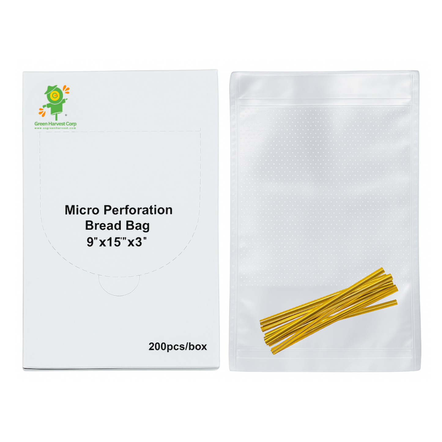 Micro Perforation Bread Bag with Twist Tin Tie 9"x15"x3" (200pcs) (10 packs)