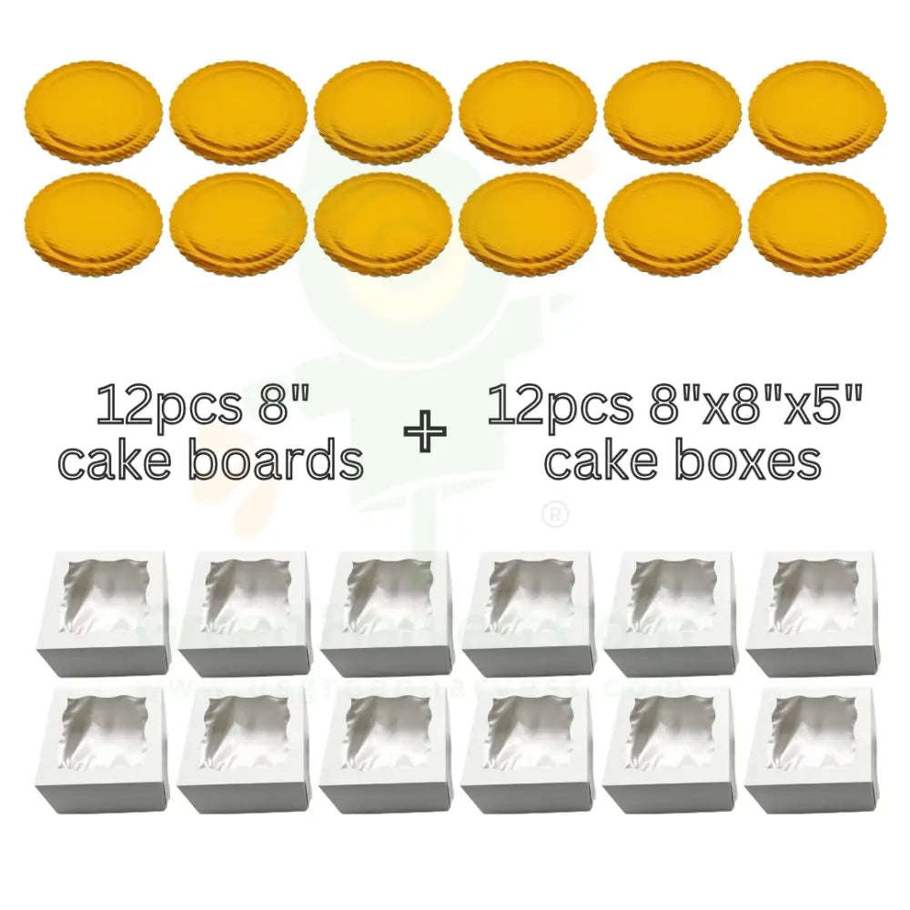8’’ Cake Box & Board Bundle (12 Boards + 12 Boxes)